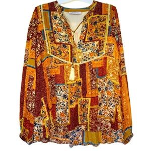 Olivaceous Boho Mixed Pattern Tassle - Tie Blouse NWOT SMALL